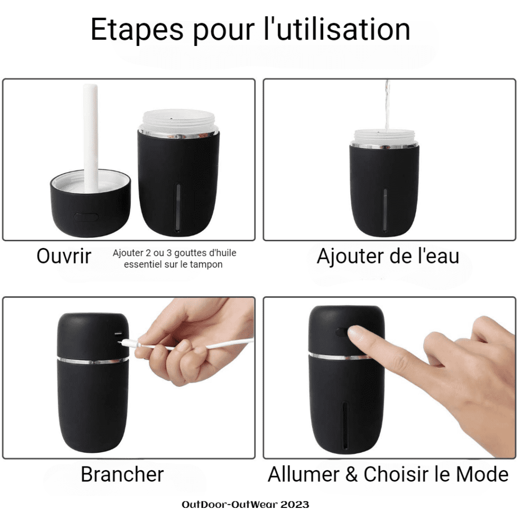 Transformez votre atmosphère en quelques étapes simples avec l'humidificateur d'air. Il suffit d'ouvrir, remplir d'eau, brancher et allumer. Pour une expérience encore plus apaisante, préparé 2 à 3 gouttes d'huiles essentielles pour profiter d' un parfum agréable et relaxant
